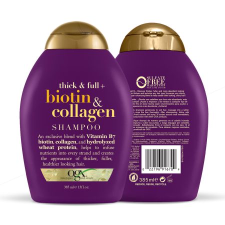 شامپو ضخیم کننده حجم دهنده و بدون سولفات بیوتین کلاژن او جی ایکس Ogx Thick and Full Biotin and Collagen Shampoo 385ml