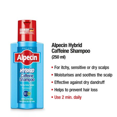 شامپو ضدریزش و آبرسان هیبرید کافئین آلپسین برای موهای شوره دار حساس و خارش دار Alpecin Hybrid Caffeine Shampoo For sensitive or itchy scalps 250ml