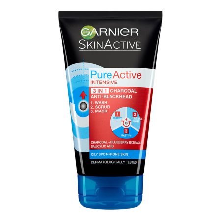 شوینده صورت سه کاره پوست چرب زغال گارنیر گارنیه Garnier Pure Active 3 in 1 Charcoal Wash Scrub Mask 150ml