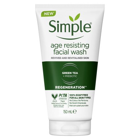 ژل شستشوی ضد پیری چای سبز سیمپل Simple Regeneration Age Resisting with green tea and prebiotic Facial Wash 150ml