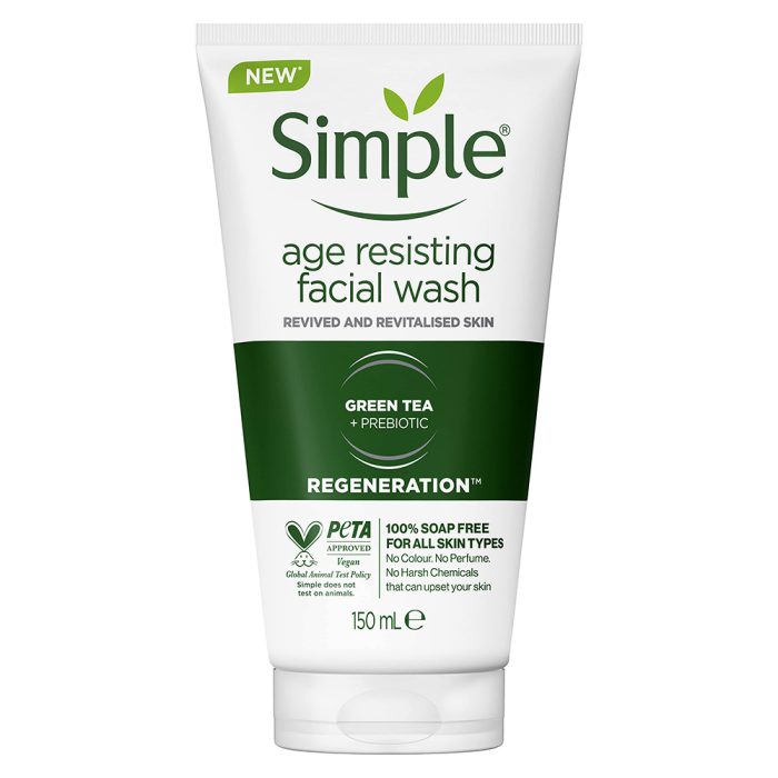 ژل شستشوی ضد پیری چای سبز سیمپل Simple Regeneration Age Resisting with green tea and prebiotic Facial Wash 150ml