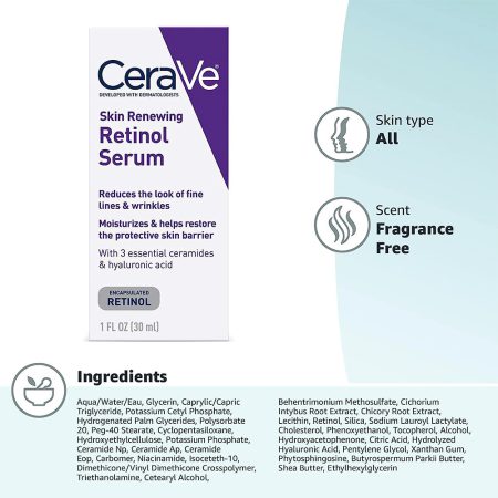 سرم رتینول ضد چروک حاوی هیالورونیک اسید سراوی CeraVe Skin Renewing Retinol Serum for Reduce of Fine Lines & Wrinkles 30ml