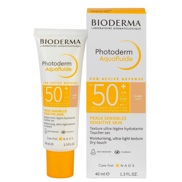 ضد آفتاب بایودرما فتودرم آکوافلویید SPF50 رنگی لایت Bioderma Photoderm Aquafluide Sunscreen SPF 50+ Claire Light Sun Active Defense 40ml