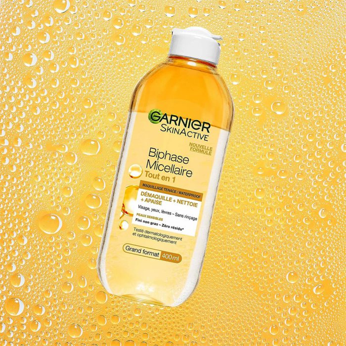 محلول میسلار دو فاز پاک کننده آرایش صورت و چشم گارنیه گارنیر Garnier SkinActive All in One Biphase Micellar Solution All Skin Types Even Sensitive 400ml Format