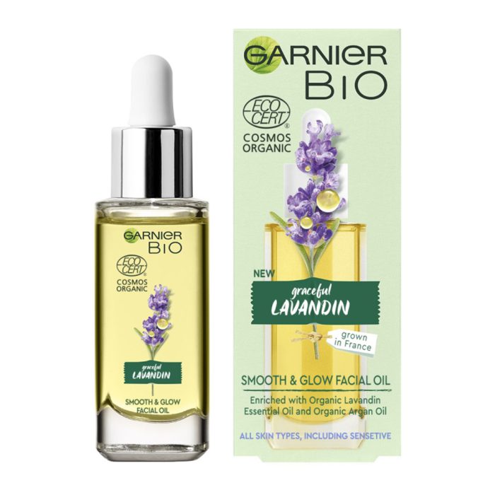 روغن ارگانیک نرم کننده صاف و درخشان کننده صورت لاوندر گارنیر Lavander Smooth & Glow Organic Conditioner Facial Oil Bio Garnier 30ml