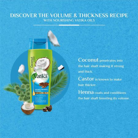 شامپو حجم دهنده نارگیل واتیکا Vatika Coconut and Castor Volume and Thickness Shampoo