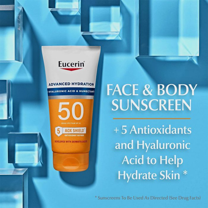 لوسیون ضدآفتاب و آبرسان اوسرین Eucerin Advanced Hydration Hyaluronic Acid Humectants SPF50 AOX Shield Sunscreen Lotion