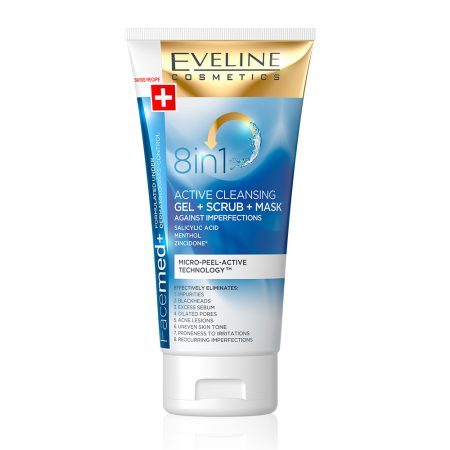 ژل شوینده صورت 8 کاره اولاین Eveline 8 in 1 Active Cleansing Gel + Scrub + Mask Against Imperfections 150ml