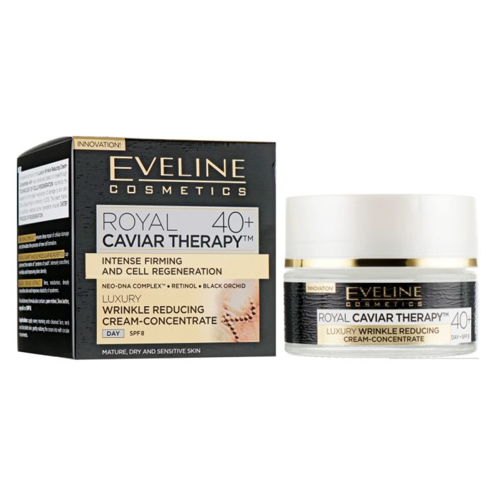 کرم روز بازسازی کننده و ضدچروک عمیق خاویار اولاین مناسب 40 سال به بالا Eveline Cosmetics Royal Caviar Therapy Day Cream 40+ 50Ml