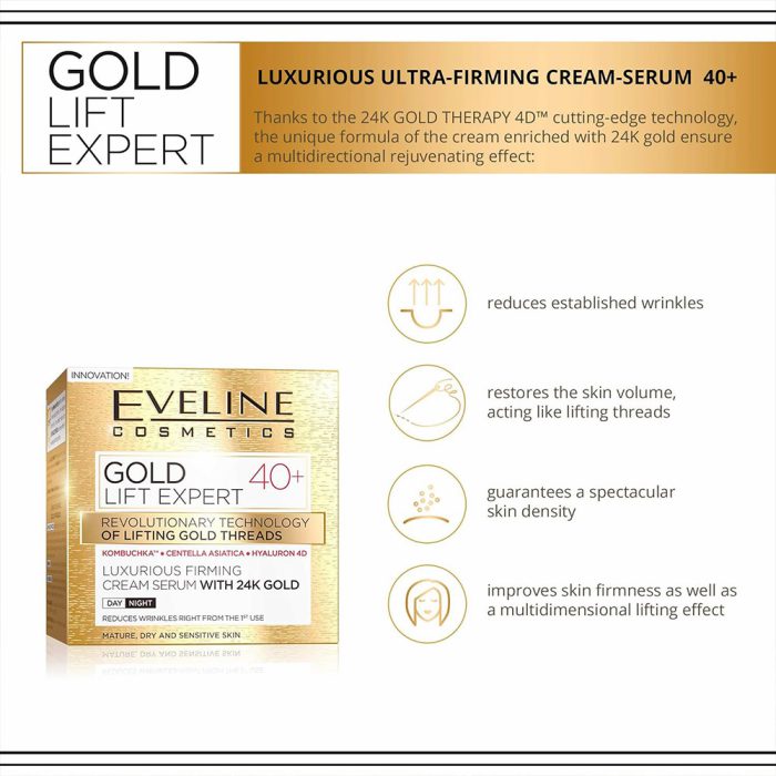 کرم شب و روز لیفتینگ و ضد چروک طلای اولاین Eveline Gold Lift Expert 40 Luxurious Firming Cream Serum With 24K Gold 50ml