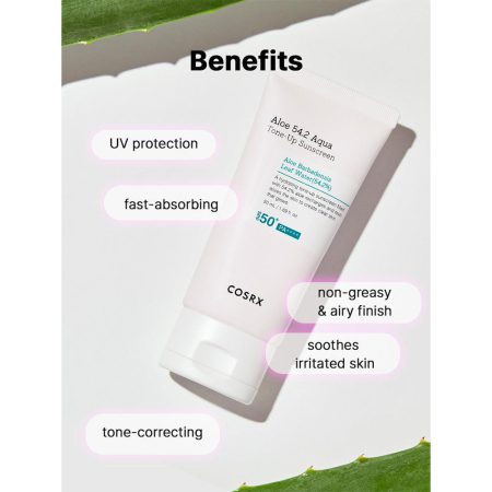 کرم ضد آفتاب مرطوب کننده بدون چربی آکوا تون آپ کوزارکس Cosrx Aloe 54.2 Aqua Tone-Up Sunscreen SPF50+ PA++++ Moisturizing sunscreen cream 50ml