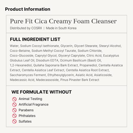 فوم شوینده کرمی ترمیم کننده و تسکین دهنده سیکا کوزارکس COSRX Pure Fit Cica Creamy Foam Cleanser