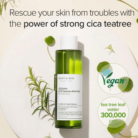 تونر لایه بردار و تسکین دهنده سیکا چای سبز مری اند می MARY & MAY Vegan CICA Tea Tree AHA PHA Toner