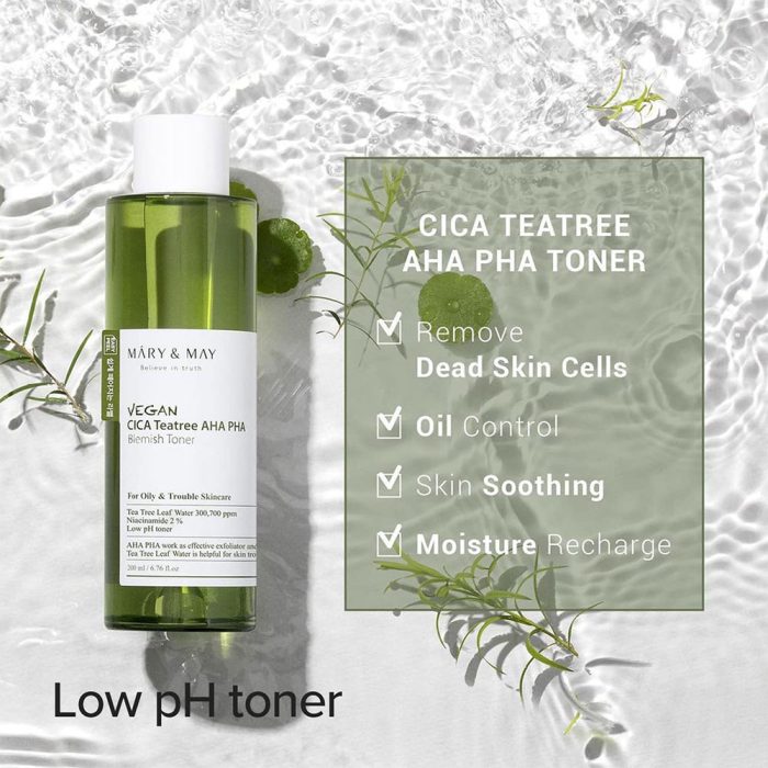 تونر لایه بردار و تسکین دهنده سیکا چای سبز مری اند می MARY & MAY Vegan CICA Tea Tree AHA PHA Toner