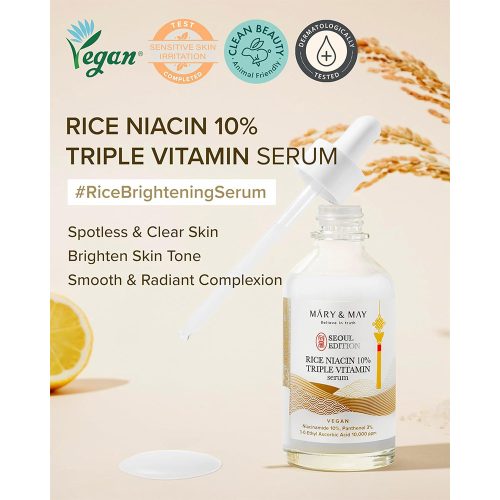 سرم تریپل ویتامین نیاسینامید 10 درصد و برنج مری اند می روشن کننده پوست Mary & May Rice Niacin 10% Triple Vitamin Serum