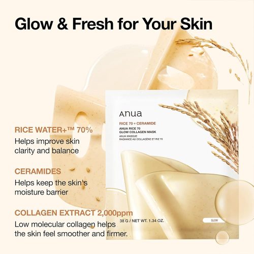 ماسک ورقه ای برنج و کلاژن آنوا مرطوب و درخشان کننده پوست Anua Rice 70 Glow Collagen Mask
