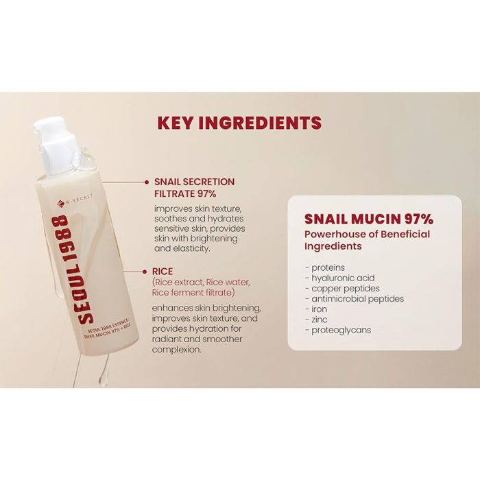 اسنس ترمیم کننده موسین حلزون و برنج سئول 1988 کی سکرت K-SECRET SEOUL 1988 Essence Snail Mucin 97% + Rice