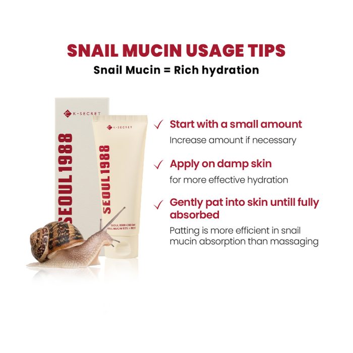 کرم موسین حلزون 93% و برنج کی سکرت تسکین دهنده و مرطوب کننده قوی پوست K-SECRET SEOUL 1988 Cream Snail Mucin 93% + Rice