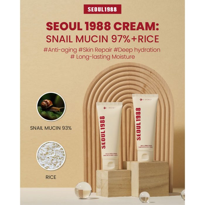 کرم موسین حلزون 93% و برنج کی سکرت تسکین دهنده و مرطوب کننده قوی پوست K-SECRET SEOUL 1988 Cream Snail Mucin 93% + Rice