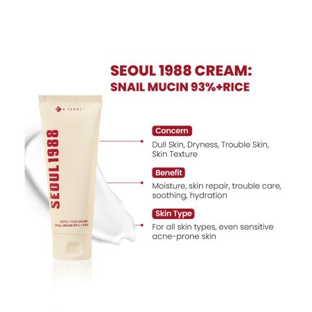 کرم موسین حلزون 93% و برنج کی سکرت تسکین دهنده و مرطوب کننده قوی پوست K-SECRET SEOUL 1988 Cream Snail Mucin 93% + Rice