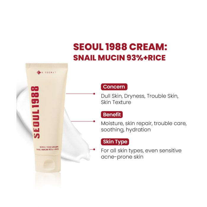 کرم موسین حلزون 93% و برنج کی سکرت تسکین دهنده و مرطوب کننده قوی پوست K-SECRET SEOUL 1988 Cream Snail Mucin 93% + Rice