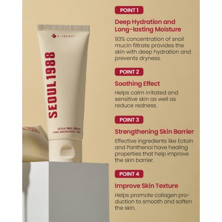 کرم موسین حلزون 93% و برنج کی سکرت تسکین دهنده و مرطوب کننده قوی پوست K-SECRET SEOUL 1988 Cream Snail Mucin 93% + Rice