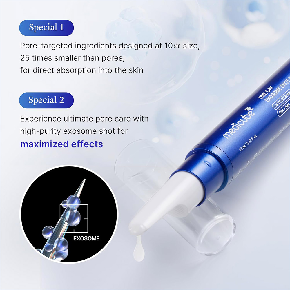 آمپول کنترل منافذ اگزوزوم شات 25000 مدی کیوب لایه بردار، ضد جوش و روشن کننده Medicube One Day Exosome Shot Pore Ampoule 25000