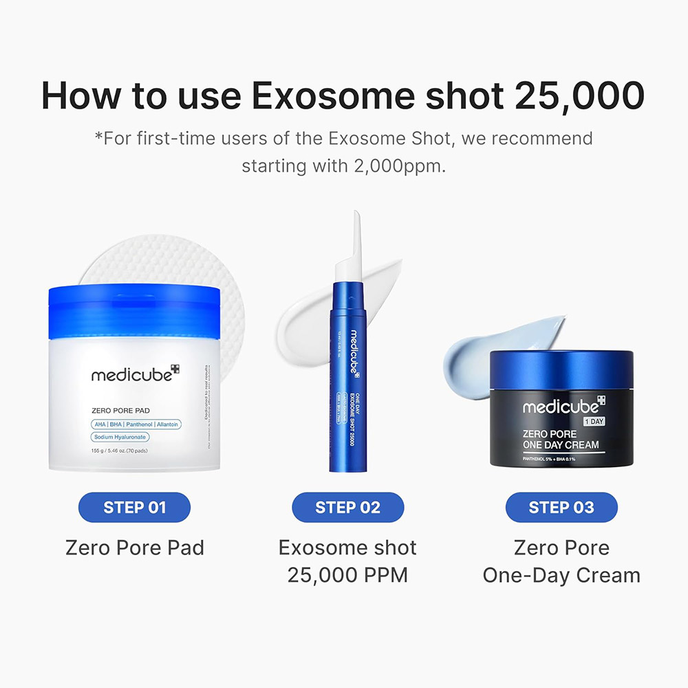 آمپول کنترل منافذ اگزوزوم شات 25000 مدی کیوب لایه بردار، ضد جوش و روشن کننده Medicube One Day Exosome Shot Pore Ampoule 25000
