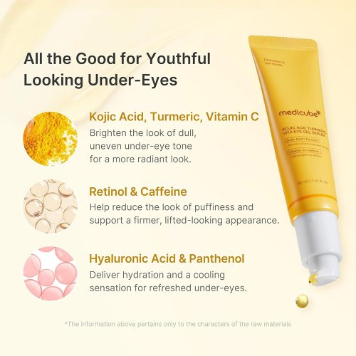 سرم ژلی دور چشم کوجیک اسید و زردچوبه مدی کیوب ضد پف و روشن کننده Medicube Kojic Acid Turmeric Vita Eye Gel Serum