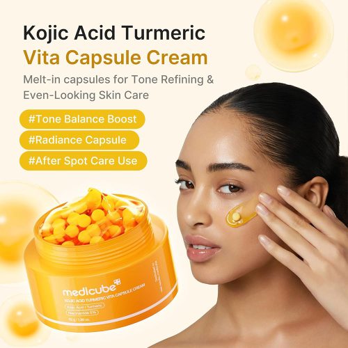 کرم کپسولی کوجیک اسید و زردچوبه مدی کیوب روشن کننده و تسکین دهنده قوی پوست Medicube Kojic Acid Turmeric Vita Capsule Cream