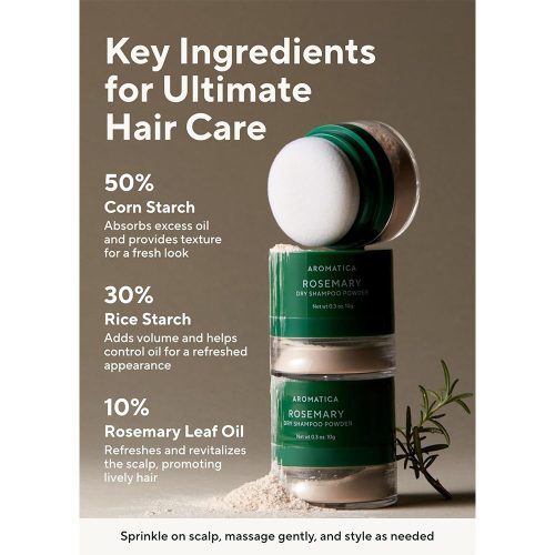 شامپو خشک رزماری آروماتیکا کنترل چربی، تقویت ساقه و ریشه مو AROMATICA Rosemary Dry Shampoo Powder