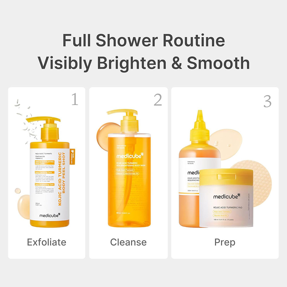 شوینده لایه بردار ملایم و روشن کننده بدن کوجیک اسید و زردچوبه مدی کیوب Medicube Kojic Acid Turmeric Brightening Body Wash