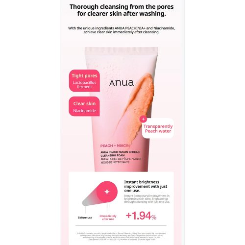 فوم شوینده روشن کننده هلو نیاسین آنوا Anua Peach Niacin Spread Cleansing Foam