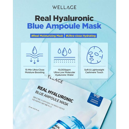 پک ماسک ورقه ای آبرسان هیالورونیک اسید ولاژ WELLAGE Real Hyaluronic Blue Ampoule Mask