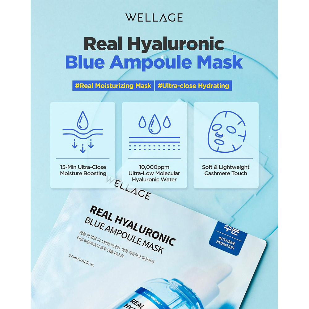 پک ماسک ورقه ای آبرسان هیالورونیک اسید ولاژ WELLAGE Real Hyaluronic Blue Ampoule Mask