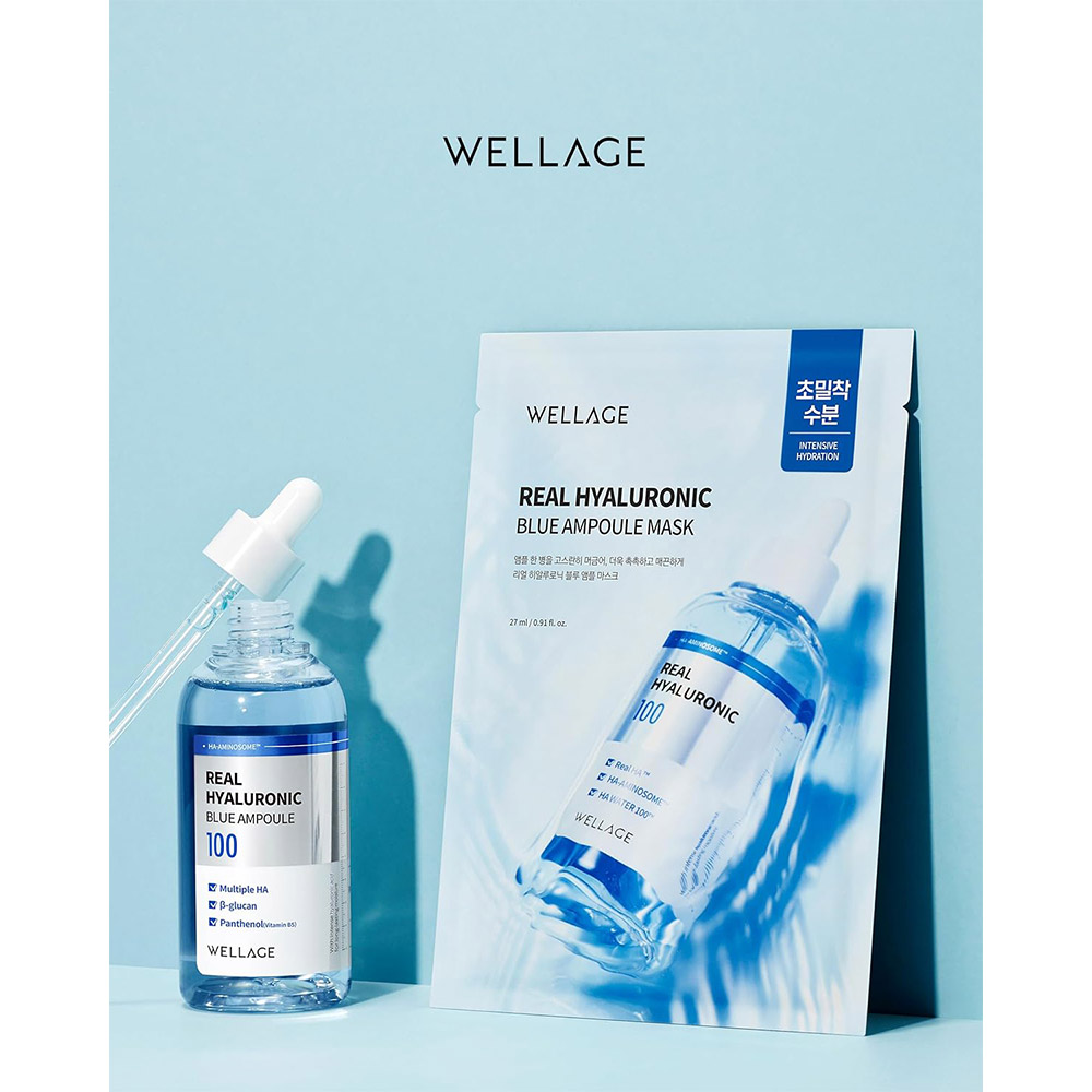 پک ماسک ورقه ای آبرسان هیالورونیک اسید ولاژ WELLAGE Real Hyaluronic Blue Ampoule Mask
