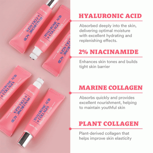 سرم دور چشم رولی هیالورونیک اسید و کلاژن فارم‌ استی آبرسانی عمیق و روشن کننده FarmStay Hyaluronic Acid & Collagen Rolling Eye Serum