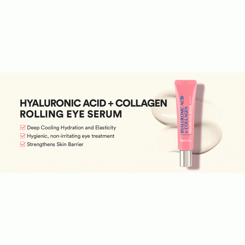 سرم دور چشم رولی هیالورونیک اسید و کلاژن فارم‌ استی آبرسانی عمیق و روشن کننده FarmStay Hyaluronic Acid & Collagen Rolling Eye Serum