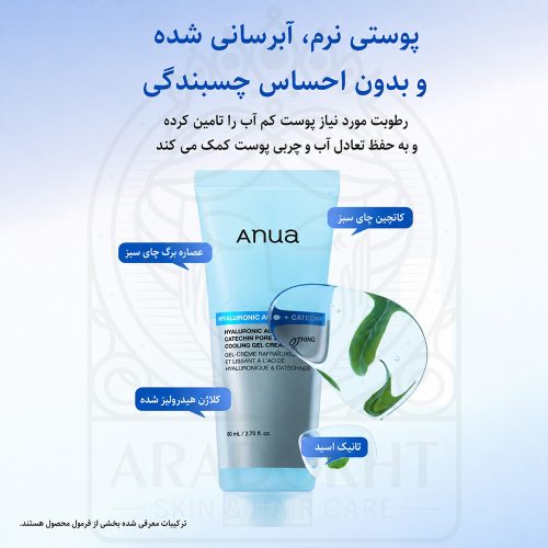 ژل کرم کاتچین و هیالورونیک اسید آنوا خنک کننده، تسکین دهنده، آبرسان و کنترل منافذ ANUA Catechin Hyaluronic Acid Catechin Pore Smoothing Cooling Gel Cream