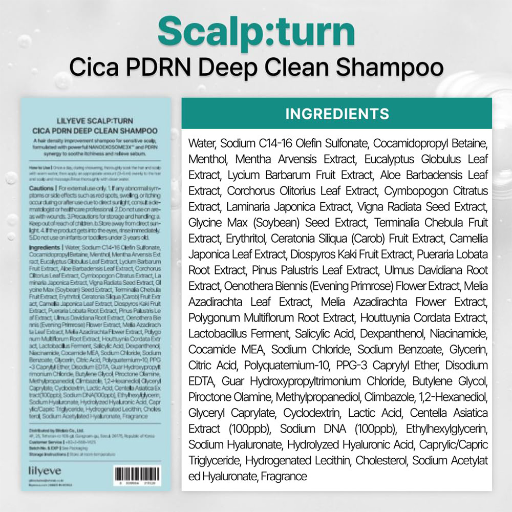 شامپو ضد شوره، خنک کننده، پاک کننده عمقی و کنترل چربی سیکا PDRN لیلیوئه lilyeve Scalp Turn Cica PDRN Deep Clean Shampoo