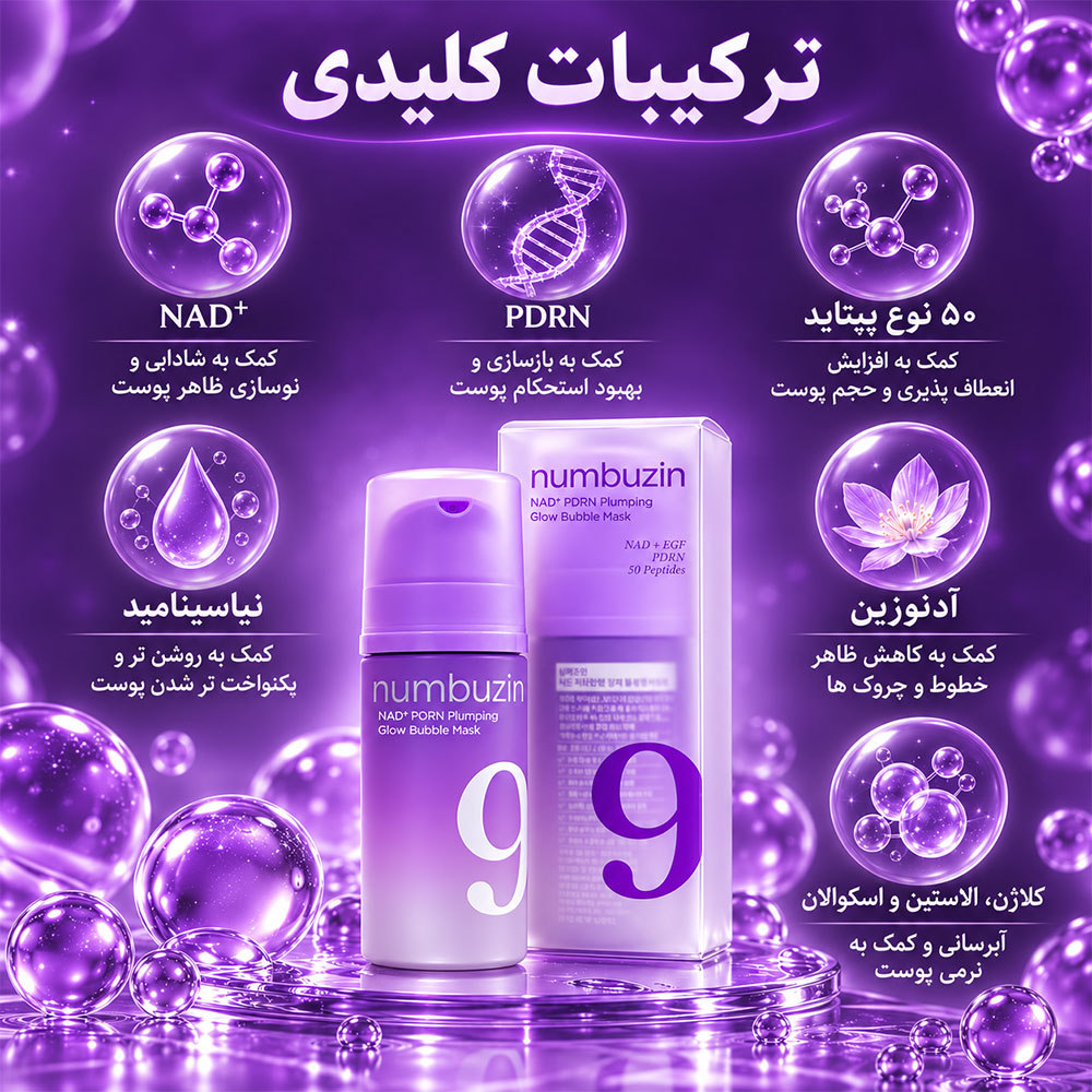 ماسک حبابی حجم دهنده و درخشان کننده PDRN و +NAD شماره 9 نامبوزین numbuzin No.9 NAD+ PDRN Plumping Glow Bubble Mask