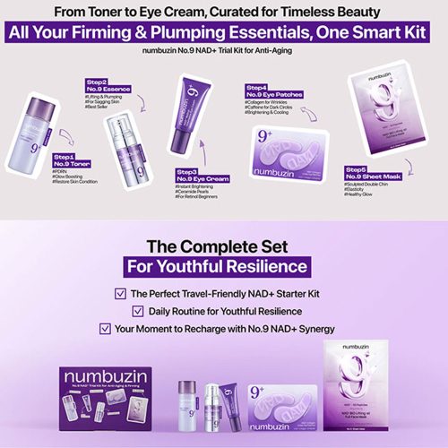 پک مینی محصولات ضد چروک و جوانساز شماره 9 نامبوزین numbuzin No.9 NAD+ Trial Kit for Anti-Aging & Firming